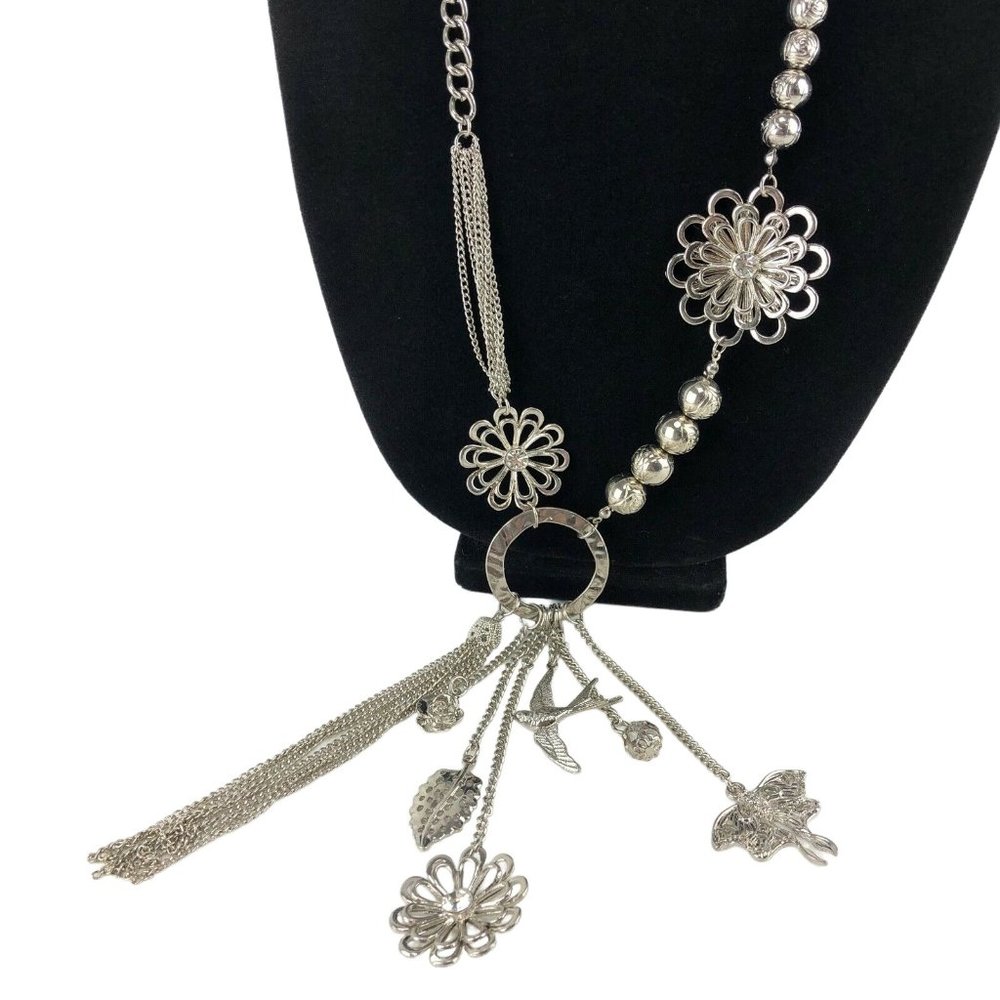 Necklace with Tassel Long Silver Tone Butterfly Bird Flowers Leaf